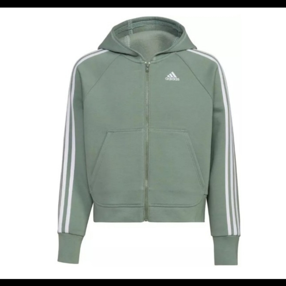 NWT Girls Adidas Zip Up Sweatshirt Hooded Fleece Silver Green